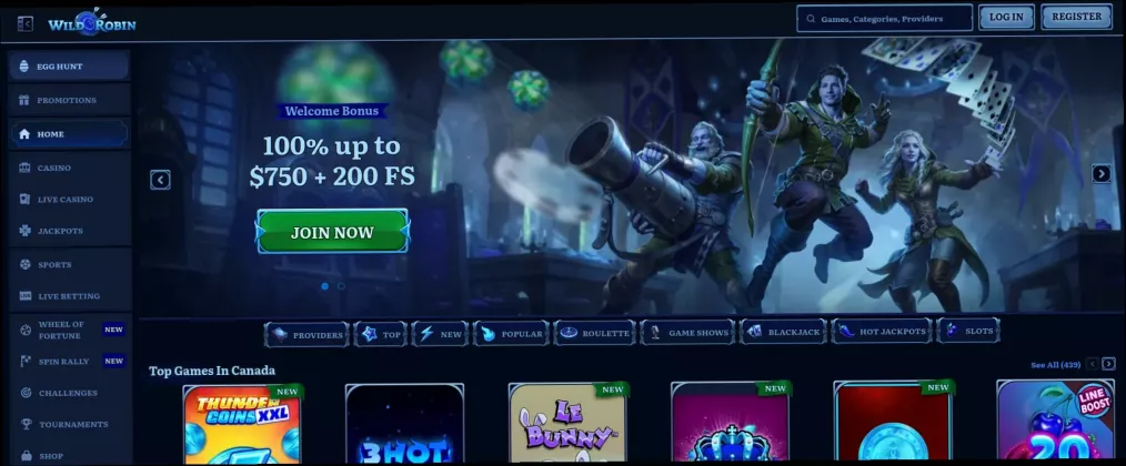 Wild robin casino 100% up to 750 CAD + 200 FS welcome bonus